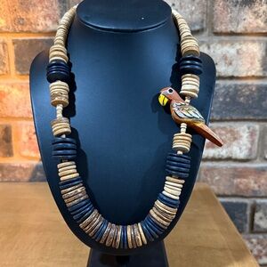 Vintage wood beaded and hand carved painted parrot necklace